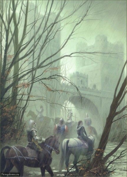 Robb Stark and his reinue arrive at the Twins. Illustrated by Martina Pilcerova Storm Of Swords, A Storm Of Swords, Eddard Stark, A Clash Of Kings, John Howe, Game Of Thrones Tv, Robb Stark, Asoiaf Art, King In The North