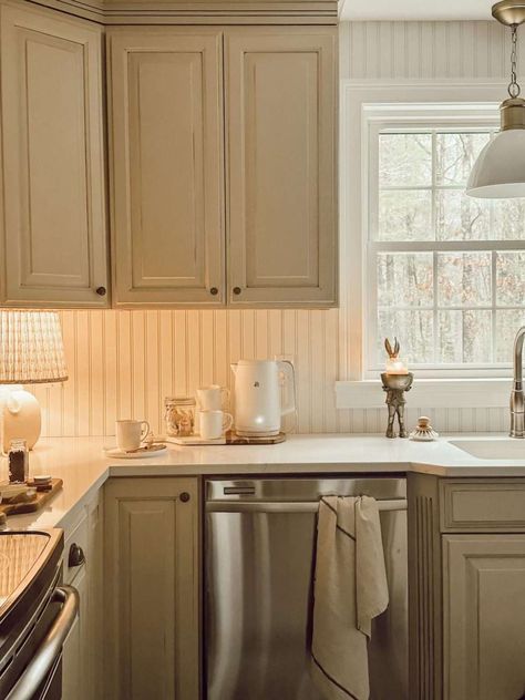 Beaded Cabinets Kitchen, Cabinet Remodel Before And After, Bead Board Projects, Beadboard Above Kitchen Cabinets, B Board Backsplash, Country Cottage Backsplash, Brick And Beadboard Kitchen, Cottage Cabinets Kitchen, Bead Board In Living Room