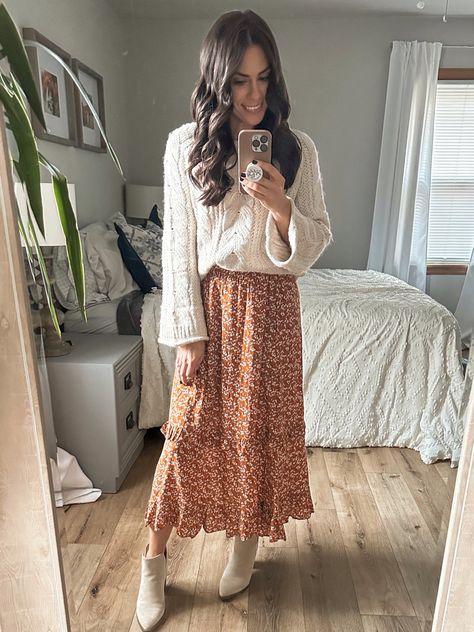 Cream Maxi Skirt Outfit Fall, Women’s Winter Church Outfit, Modest Engagement Outfits, Long Floral Skirt Outfit Fall, Long Flowy Skirt Outfit Winter, Long Skirt With Sweater Outfit Winter, Fall Maxi Skirt Outfits With Boots, Maxi Skirt Outfits Fall, Women’s Skirt Outfits