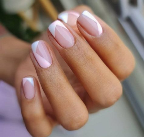 Short Triangle French Nails, Modern Pink And White Nails, Stylish Nails Pink, French Manicure V Shape, V Shaped French Tip Nails Short, White French With Pink Line, Pink And White Triangle French Tip Nails, Pink And White Geometric Nails, White French Tip Pink Base