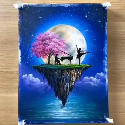 Acrylic Painting Moon, Painting Moon, Sky Art Painting, Floating Island, Canvas Painting Tutorials, Easy Canvas Art, Soyut Sanat Tabloları, Easy Canvas Painting, Moon Painting