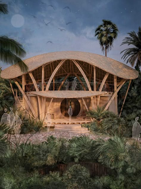 Architecture Bamboo Wood Design Facade Organic Structure Pablo Luna Studio Lombok Illustration Bamboo Yoga Shala, Yoga Pavilion Design, Jungle Airbnb, Eco Architecture Concept, Eco Resort Architecture, Nature Restaurant, Bamboo House Bali, Forest Restaurant, Bio Architecture