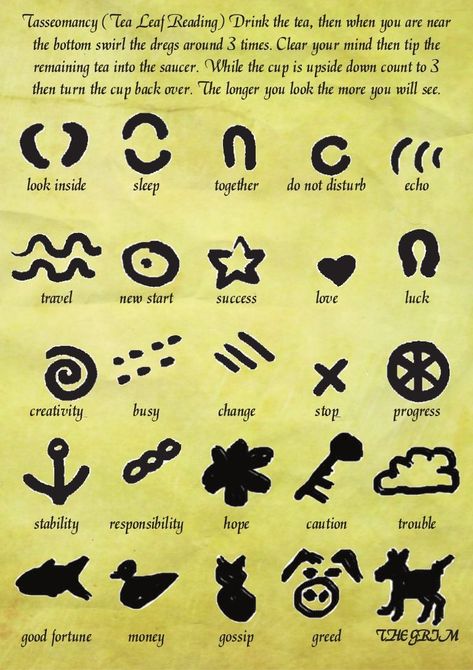 Tea Leaf Reading (Tasseomancy) Chart for Harry Potter Party. Pour a little freshly brewed leaf tea from a teacup into a cup and saucer. Swirl the remains three times then tip into the saucer. Study the tea leaves left in your cup - what can you see? Reading Tea Leaves Symbols, Tea Cup Reading, Harry Potter Tea Leaf Reading, Tea Leaf Reading Cups, Fortune Telling Tea Cup, How To Read Tea Leaves Cups, Tea Reading Cup, Tasseomancy Symbols, Tasseomancy Reading