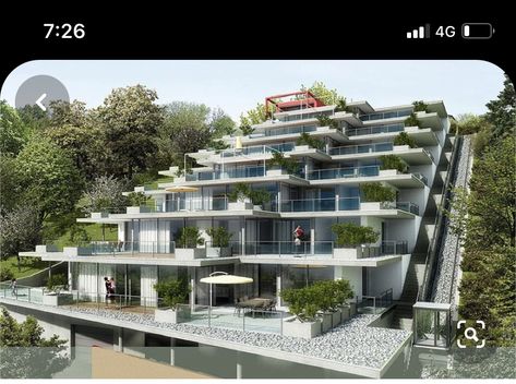 Hillside Apartments, Resort Hotel Design, Condominium Architecture, Green Roof System, Online Architecture, Resort Plan, Slope House, Hillside House, Apartment Architecture