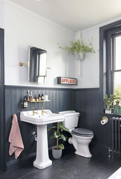 To prevent the bathroom looking too dark, the couple decided to paint just the panelling in Farrow & Ball’s Railings, leaving the top half of the walls a crisp white to give the space a fresh look Dark Panelling, Farrow Ball Railings, Black Bathroom Design, Black Panelling, Aesthetic At Home, Bathroom Dark, Monochrome Bathroom, Bathroom Paneling, Teal Bathroom