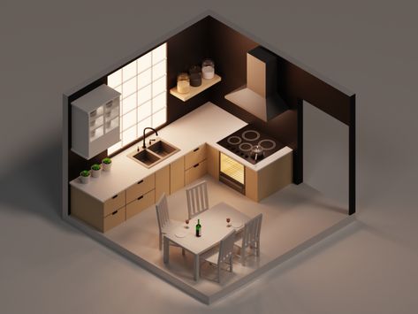 Isometric Kitchen by Brian Moon 🌙 on Dribbble Isometric Apartment, Isometric Kitchen, Isometric Drawing, Isometric Art, Isometric Design, Let's Chat, Night Scene, 3d Modelling, Sims House