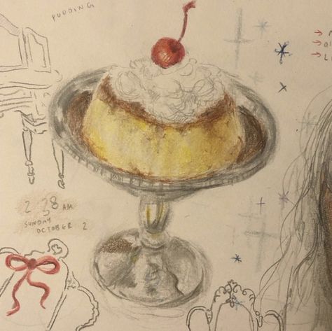 Cake Drawing Aesthetic, Art Inspo Drawing, Food Art Aesthetic, Inspo Drawing, Pretty Drawings, Cute Doodles Drawings, Arte Sketchbook, Vintage Lettering, Book Art Drawings