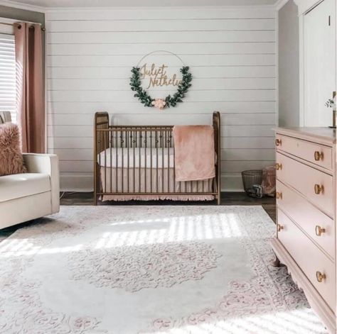 Vertical Shiplap Nursery, White Shiplap Nursery, Shiplap And Wallpaper Nursery, White Shiplap Nursery Wall, Green Shiplap Wall Nursery, Shiplap Nursery Wall Gender Neutral, Shiplap Nursery Wall, Girly Nursery Ideas, Shiplap Nursery