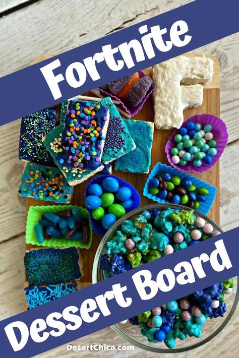 Check out this sweet Fortnite party food idea, a Fortnite Party Charcuterie board featuring a variety of desserts and candy. You can do make this instead of a Fortnite Birthday Cake and offer a variety of options for party guests. Fortnite Birthday Party Ideas For Boys | Fortnite Party Ideas Decorations Fortnite Dessert Ideas, Fortnite Snacks Ideas, Cakecicles Birthday, Fortnite Food Ideas Party, Fortnite Snacks, Fortnite Birthday Party Ideas Food, Fortnite Party Food, Party Charcuterie Board, Fortnight Birthday