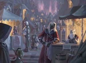 Unknown Artist from Menzoberranzan City of Intrigue Dnd Underground City, Fantasy Bazaar, Drow City, Fantasy Market, Mroczny Elf, Elf City, Underground City, Setting Inspiration, Dark Elves