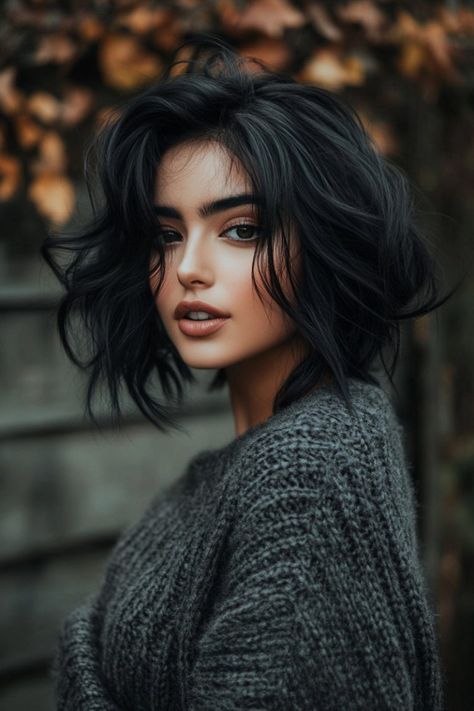 22 Bold Dark Fall Hair Styles To Rock This Season Short Hairstyles For Damaged Hair, Black Medium Length Hair With Layers, Posh Spice Hair, Warm Black Hair, Mid Short Hair, Scarlet Aesthetic, Waves With Bangs, Fall Hair Styles, Shoulder Length Black Hair