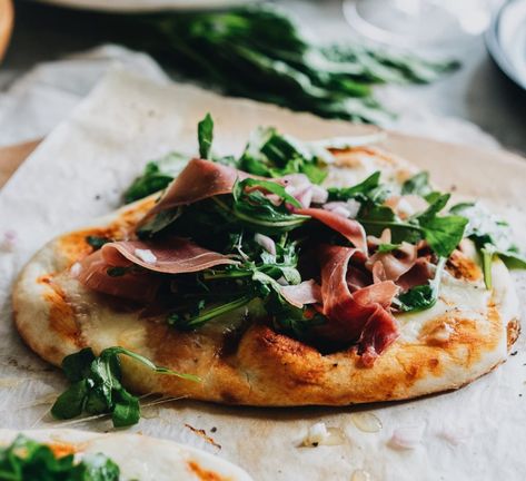 White Truffle, Arugula & Prosciutto Pizza - Endlessly Elated Truffle Honey Pizza, Arugula Prosciutto, Salt And Pepper Recipes, Truffle Pizza, White Pizza Sauce, Individual Pizzas, Prosciutto Pizza, Baking Stone, Truffle Oil