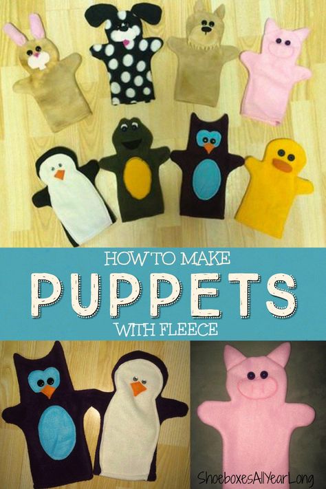 I LOVE these cuddly fun puppets!  Easy free tutorial to make Hand Puppets.  The secret is using fleece - stretchy and easy to sew :) Perfect gift for toddlers - great item to donate for 2-4 shoebox gifts or family homeless shelters or foster care. Diy Hand Puppets For Kids, Felt Hand Puppets Pattern Free Printable, Things To Sew For Toddlers, Animal Hand Puppets, Puppet Tutorial, Operation Christmas Child Shoebox, Holiday Hand Towels, Felt Puppets, Puppets For Kids