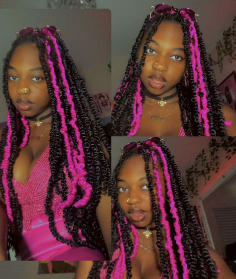 Passion Twists With Color In The Back, Passion Twists Hairstyle Color, Pink White And Black Braids, Pink Peekaboo Passion Twist, Passion Twists Two Colors, Passion Twists Pink, Pink Passion Twists Hairstyle, Passion Twists Coloured, Color Passion Twist