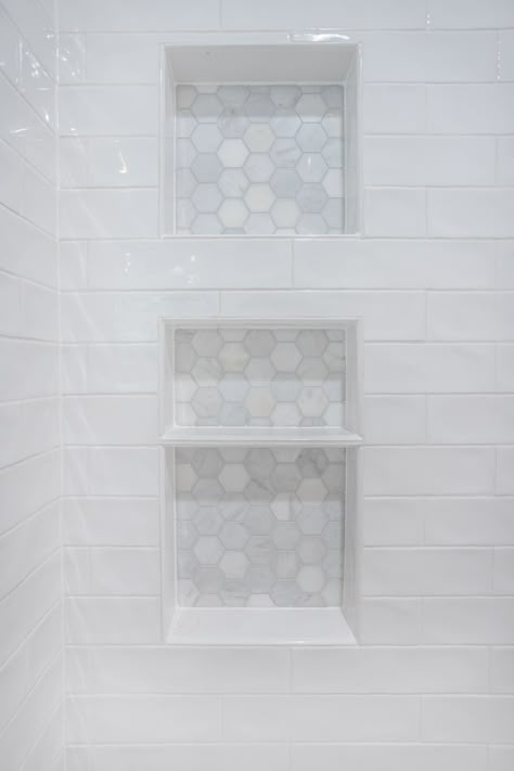 shower niche with marble mosaic tile Glazed Tile Bathroom Showers, Subway Tile Bathroom With Niche, Subway Tile Niche Ideas, Master Bath Tile Combinations Classic, White Subway Tile Shower With Niche, Classic Subway Tile Bathroom, Shower Tile Ideas Modern, Bathroom Tile Pairings, Bathroom Shower Tile Combinations