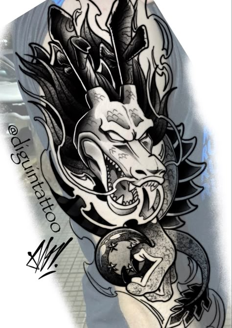 Shenron Tattoo Design, Shenlong Tattoo, Shenron Tattoo, Dragon Tattoo Stencil, Shen Long Tattoo, Geometric Owl Tattoo, Dbz Tattoo, Gamer Tattoos, Gorilla Tattoo