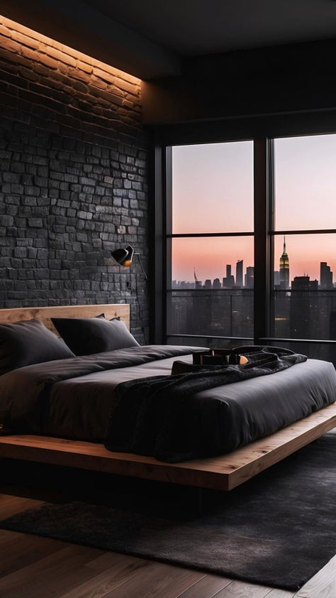 Young Mans Bedroom Ideas, Elegant Modern Bedroom, Steampunk Bedroom, Male Bedroom Ideas, Black Bedroom Design, Black Houses, Low Profile Bed, Black Rooms, Design Journal