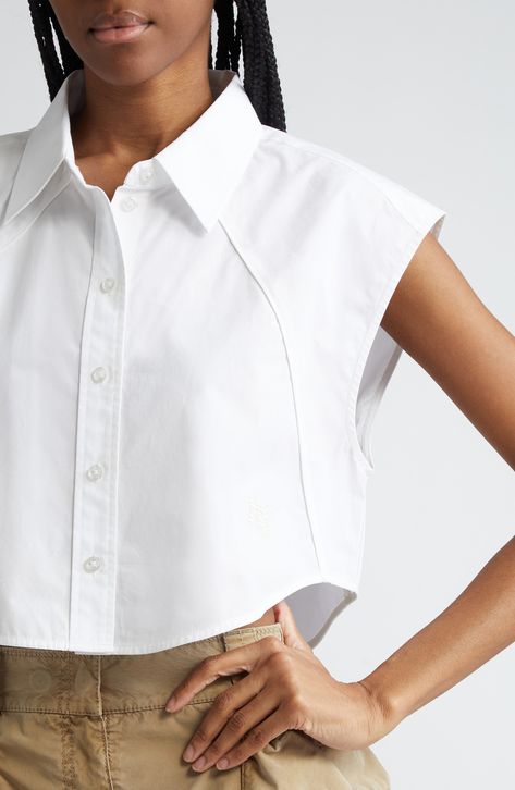 Piping-trimmed raised seams accentuate the unique tailoring of this cropped shirt marked with a flocked Wang-square logo. 19" length (size Medium) Front button closure Point collar Sleeveless, with extended shoulders Curved hem 100% cotton Dry clean Imported Blouses Sleeveless, Logo Shirts For Women, Tailored Shirts For Women, Cropped Shirt Women, Collared Top, Interesting Collars, Shirt Button, Blouse Cotton, Shirt Collar Blouse Designs