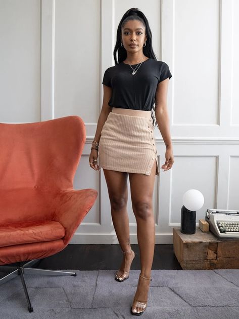 Elastic Waist Studded Front Rib-knit Skirt | SHEIN USA Short Skirts Outfits, Ribbed Shorts, Women Skirts, Skirt Outfit, Short Skirt, Knit Skirt, Skirt Outfits, Rib Knit, Elastic Waist