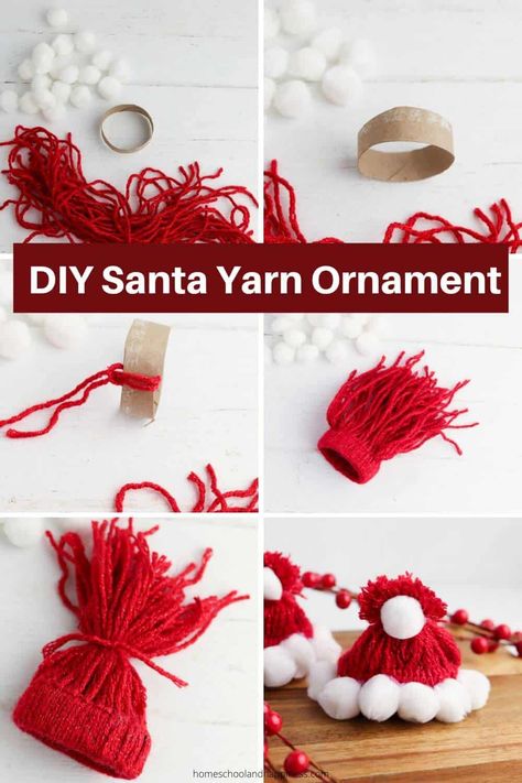 DIY Santa Hat No Sew Craft Christmas Hat Decorations Craft Ideas, Santa Hats Diy, Christmas Hats Ideas Diy, Santa Hat Garland, Christmas Hats Ideas, Yarn Hat Ornaments, Santa Hat Crafts, Diy Santa Hat, Hats Ideas