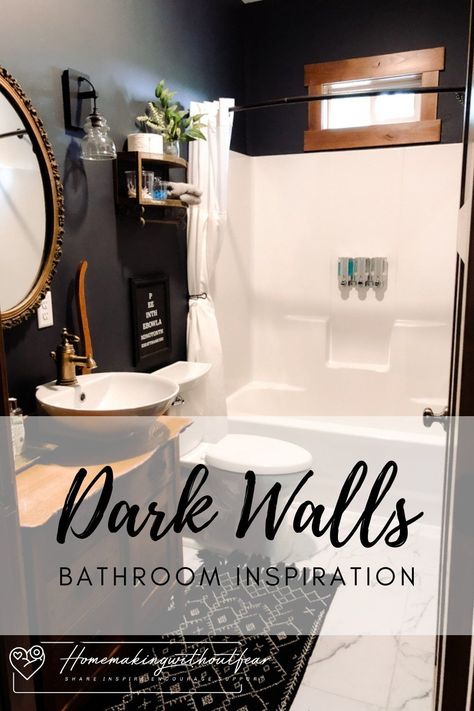 Black Bathroom White Wainscoting, Dark Wall And Ceiling Bathroom, Dark Wall Light Floor Bathroom, Men’s Small Bathroom Ideas, Small Bathroom Dark Paint Ideas, Bathroom Remodel Dark Walls, Charcoal Walls Bathroom, Dark Painted Small Bathrooms, Dark Paint Master Bath