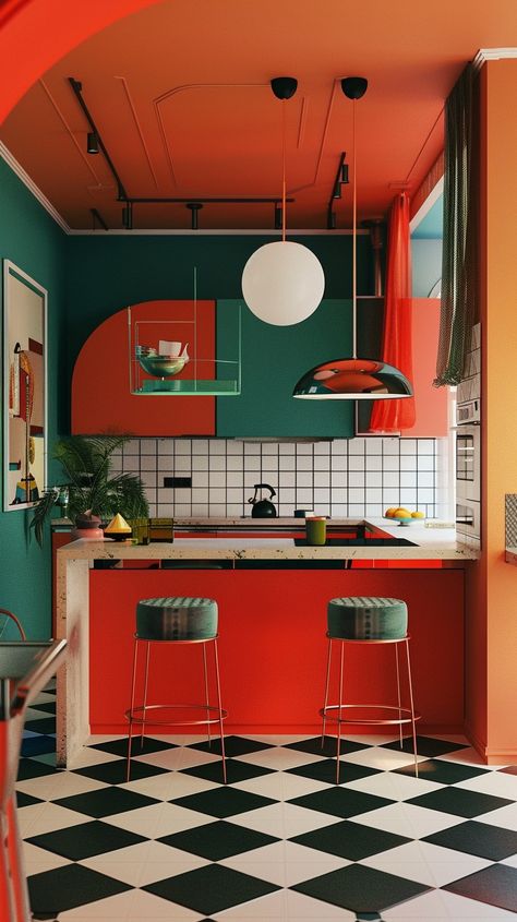 Interior Design Post Modern, Kitchen Design Bright Colors, Bright Colors Interior Design, Maximal Interior Design, Avante Garde Interior Design, Eclectic Vintage Interior, Bright Modern Interior, Colorful Commercial Interior Design, Scandinavian Retro Interior