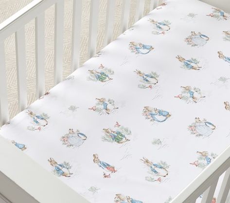 Beatrix Potter™ Organic Peter Rabbit Fitted Crib Sheet | Pottery Barn Kids Beatrix Potter Nursery, Heirloom Baby Blankets, Peter Rabbit Nursery, Crib Fitted Sheet, Rabbit Nursery, Chickadees, Swaddle Sets, Rabbit Baby, Mattress Pads