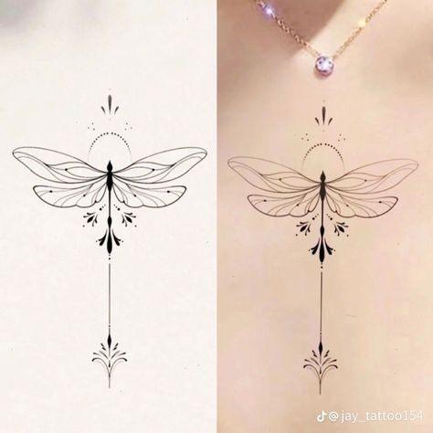 Dragonfly Tattoo On Neck, Spiritual Dragonfly Tattoo, Dragonfly Unalome Tattoo, Dragonfly Sternum Tattoo Women, Ornamental Dragonfly Tattoo, Floral Dragonfly Tattoo, Dragonfly Chest Tattoo, Sun Spine Tattoo, Dragonfly Sternum Tattoo