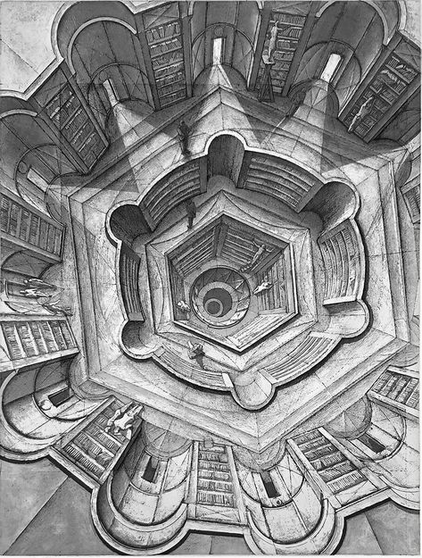 Erik Desmazières - Library of Babel — Warnock Fine Arts Library Of Babel, The Library Of Babel, Ancient Library, Architectural Representation, St Jerome, Tower Of Babel, 판타지 아트, Dieselpunk, Maine Coon