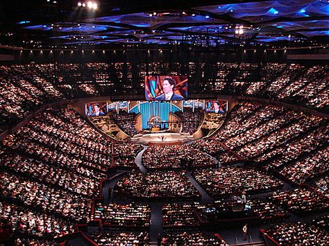 Lakewood Church, housed in a former basketball arena, is the country's second largest megachurch. Church Design Architecture, Church Building Design, Lakewood Church, Church Interior Design, The Gilded Age, Apocalypse Art, Church Interior, Joel Osteen, Church Building