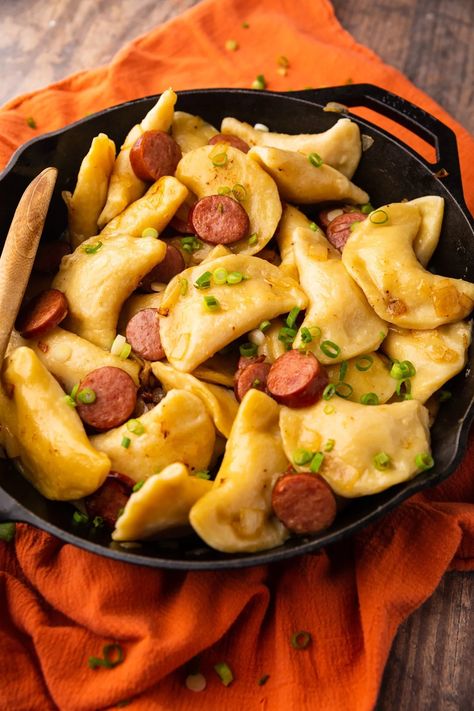 Pierogies and Kielbasa - Comfortable Food Pickled Kielbasa Recipe, Pierogies And Kielbasa, Kielbasa Recipe, Kielbasa Pasta, Frozen Pierogies, Bacon Fried Cabbage, Pierogi Recipe, German Sausage, Kielbasa Recipes