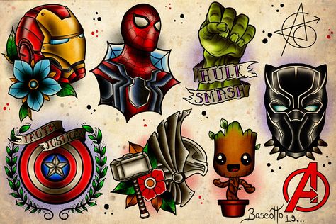 Marvel Tattoo Sleeve, Geometric Tattoo Hand, Deadpool Tattoo, Hulk Tattoo, Hero Tattoo, Spiderman Tattoo, Avengers Tattoo, Traditional Style Tattoo, Comic Tattoo