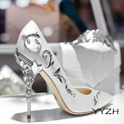 Womens Metal Decor Stilettos High Heels Elegant Pumps Wedding Party Stage Shoes | eBay White Pointe Shoes, Weddings Shoes, White Heels Wedding, Ladies High Heels, Fairy Shoes, Flower Heels, Elegant Pumps, Wedding Pumps, Pointy Toe Shoes