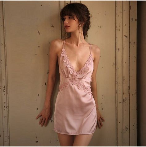 Night Sleep Dress, Petite Lingerie, Silk Nightgown, Lace Nightgown, Oversize Fashion, Sleep Dress, Pretty Lingerie, Lace Embroidery, Pink Silk