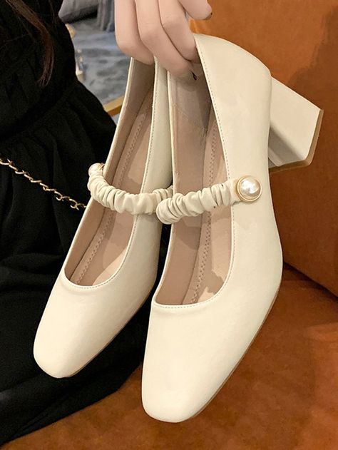 Ruched Detail Mary Jane Pumps Elegant White Mary Janes With Block Heel, Elegant White Pointed Toe Mary Janes, Elegant White Ankle Strap Mary Janes, Cream High Heel Mary Jane Heels, White Mary Jane Heels With Buckle Closure, Dress Shoes Women, Heels Fashion, Summer Vintage, Mary Jane Pumps