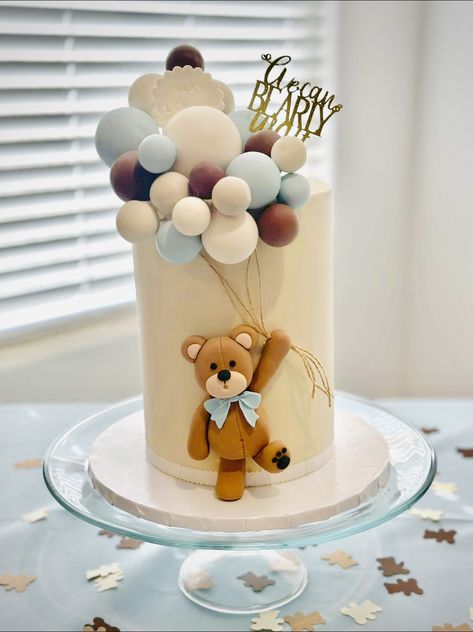 “We can Bearly Wait” Baby shower cake💙 We Can Barely Wait Cake, We Can Bearly Wait Baby Shower Cake, Bearly Wait Baby Shower Cake, Can Bearly Wait Cake, We Can Bearly Wait Cake, Bear Baby Shower Cake, Baby Shower Cakes Girl, Baby Theme, Shower Balloons