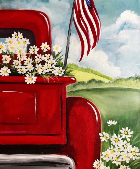 Cork and Canvas – All American Summer | Pottery Factory – Brookfield Old Red Truck, July Decoration, American Summer, Summer Painting, Easy Canvas Painting, Canvas Painting Diy, Spring Painting, Paint And Sip, Painting Painting