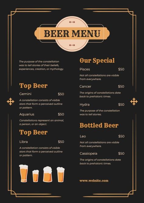 Beer Top, Beer Menu, Beer Club, Beer House, Old Pub, Brew Pub, Vintage Beer, Menu Template, Menu Design