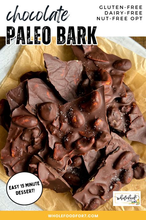 Dark Chocolate Bark, Dark Chocolate Recipes, Healthy Dark Chocolate, Chocolate Bark Recipe, Salty Treats, Easy Treat, Bark Recipe, Dairy-free dessert, No bake dessert, Gluten-free dairy-free dessert Whole30 Chocolate, Paleo Chocolate Dessert, Paleo Baking Recipes, Paleo Christmas, Dairy Free Foods, Chocolate Bar Recipe, Paleo Snack, Easy Chocolate Desserts, Paleo Baking