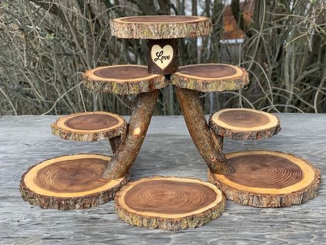 Pie Stand, Rustic Cupcake Stands, Rustic Cupcakes, Rustic Cake Stands, Cupcake Stand Wedding, Lumberjack Party, Wood Cake Stand, Cake And Cupcake Stand, Wedding Cake Rustic