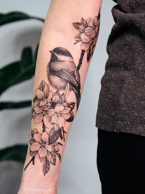 Bird Sleeve Tattoos For Women, Bird In Tree Tattoo, Female Bird Tattoos, Bluetit Bird Tattoo, Bird Tatoos Woman Arm, Bird Sleeve Tattoo Women, Shrike Tattoo, Bird Arm Tattoo, Apple Blossom Tattoos