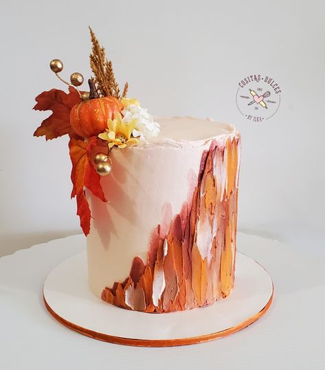 Fall Flowers Birthday Cake, 2 Tier Thanksgiving Cake, Fall Fault Line Cake, Fall Color Cake Ideas, Pretty Fall Birthday Cakes, Burnt Orange Cake Ideas, Autumn Leaf Cake, Autumnal Birthday Cake, Fancy Fall Cakes