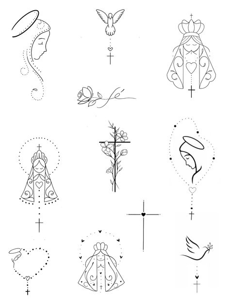 Rosary Tattoo Dainty, Saint Dymphna Tattoo, Catholic Back Tattoo, Virgin Mary Outline Tattoo, Small Virgin Mary Tattoo, Feminie Tattoos, Small Mexican Tattoo, Small Catholic Tattoos, Rosary Ideas