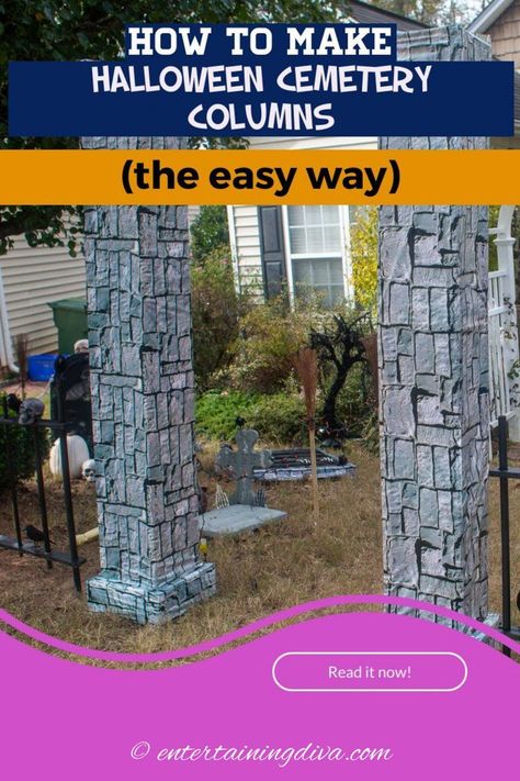 These DIY Halloween cemetery pillars make an awesome Halloween graveyard entrance. Add a Halloween cemetery fence and some spooky Halloween decorations and you'll have the best yard haunt in the neighborhood! #entertainingdiva  #diyhalloween #halloween  #halloweendecorations Cemetery Pillars, Diy Halloween Cemetery, Graveyard Entrance, Diy Cemetery, Diy Halloween Graveyard, Cemetery Fence, Pillar Decorations, Porch Pillars, Halloween Cemetery