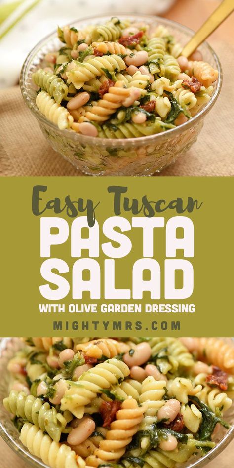 Easy Tuscan Pasta Salad (5 ingredients) - This quick and simple pasta salad is easy to make. Use Olive Garden Italian dressing for a lightly creamy taste along with a blend of tri-colored rotini pasta, white beans, chopped spinach and sun-dried tomatoes. So simple! Yet rich with flavor! You'll love how easy this homemade from scratch pasta salad recipe is. Pin now for pot lucks, family gatherings or to make ahead and enjoy for lunch during the week. Vegetarian but you could add Italian meats. Pasta Salad Olive Garden Dressing, Olive Garden Dressing Pasta Salad, Pasta Salad With Olive Garden Dressing, Tuscan Pasta Salad, Tri Color Pasta Salad, Rotini Pasta Salad, Olive Garden Italian Dressing, Garden Italian, Vegetarian Pasta Salad