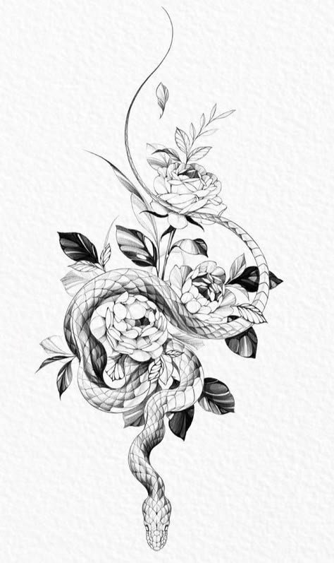 Snake And Poppy Tattoo, Snake And Flower Tattoos For Women, Snake Neck Tattoo Women, Snake Peony Tattoo, Snake Tattoo Feminine, Japanese Snake Tattoo Design, Snake And Peony Tattoo, Snake Thigh Tattoo, Feminine Snake Tattoo