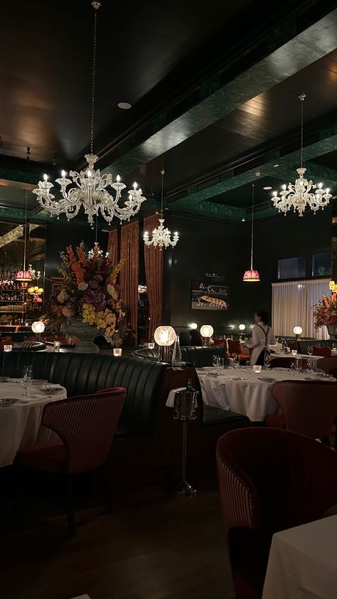 Black And Gold Restaurant Interior, Owning A Restaurant Aesthetic, Carbone Aesthetic, Dark Restaurant Aesthetic, Luxury Restaurant Aesthetic, Carbone Restaurant, Billiards Aesthetic, Instagram Aesthetic Fashion, Dark Room Photography