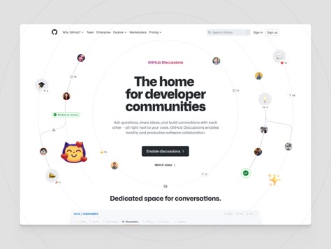 Discussions hero concept by Nicolas Solerieu for GitHub on Dribbble Web Hero Design, Hero Design Ideas, Website Hero Design, Hero Section Web Design, Hero Concept, The Hero's Journey, Hero Section, Marketing Websites, Beautiful Web Design