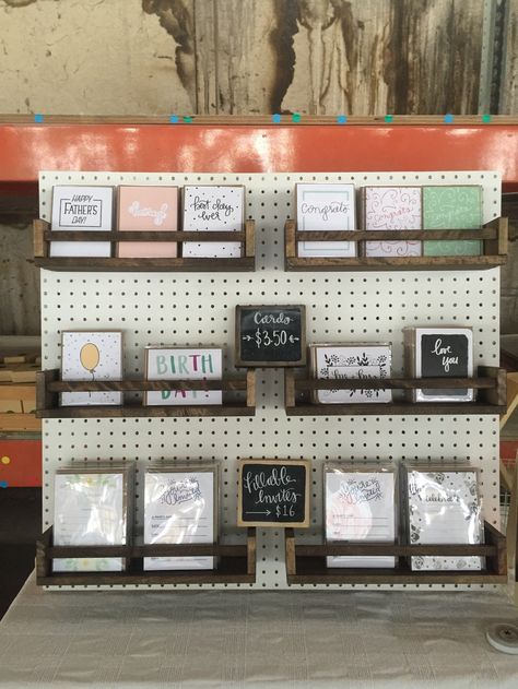 9 DIY Ideas for Your CLC Booth or Table - Craft Lake City Greeting Card Holder Display, Studio Pegboard, Pegboard Ikea, Greeting Card Display Stand, Craft Fair Booth Display, Pegboard Display, Craft Show Booths, Greeting Card Display, Craft Market Display