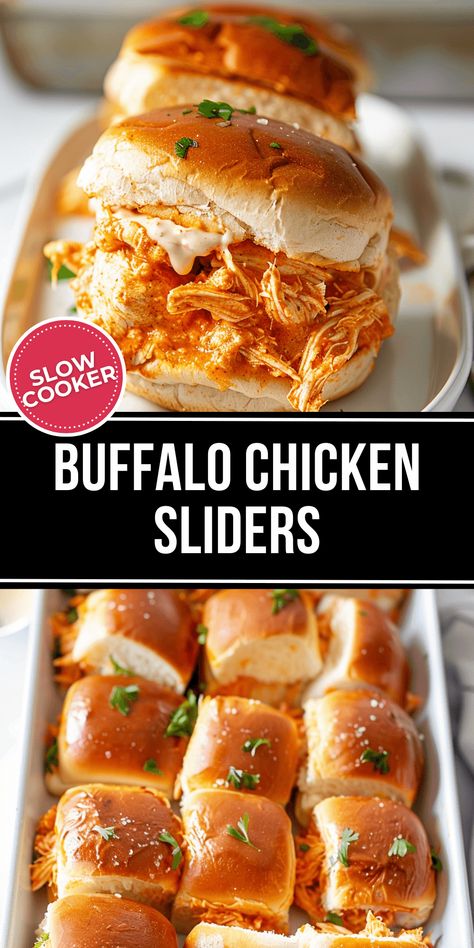 Buffalo Chicken Sliders are a delicious and easy game day sandwich! They take just 5 ingredients and 5 minutes to prepare before letting your crock pot do the work. Buffalo Sliders Hawaiian Rolls, Bbq Shredded Chicken Sliders, Crock Pot Chicken Sliders, Buffalo Chicken Subs, Crock Pot Buffalo Chicken Sliders, Buffalo Chicken Sandwich Crockpot, Pulled Buffalo Chicken Crock Pot, Recipes With Buffalo Chicken, Crockpot Chicken Sliders